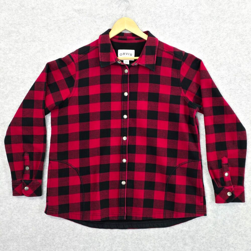 Orvis Womens XL Red Black Buffalo Check Plaid Flannel Fleece Lined Shacket Shirt